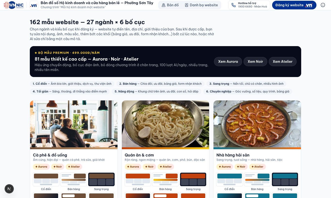 Xem tất cả 162 mẫu website: menu → “Xem mẫu website”.