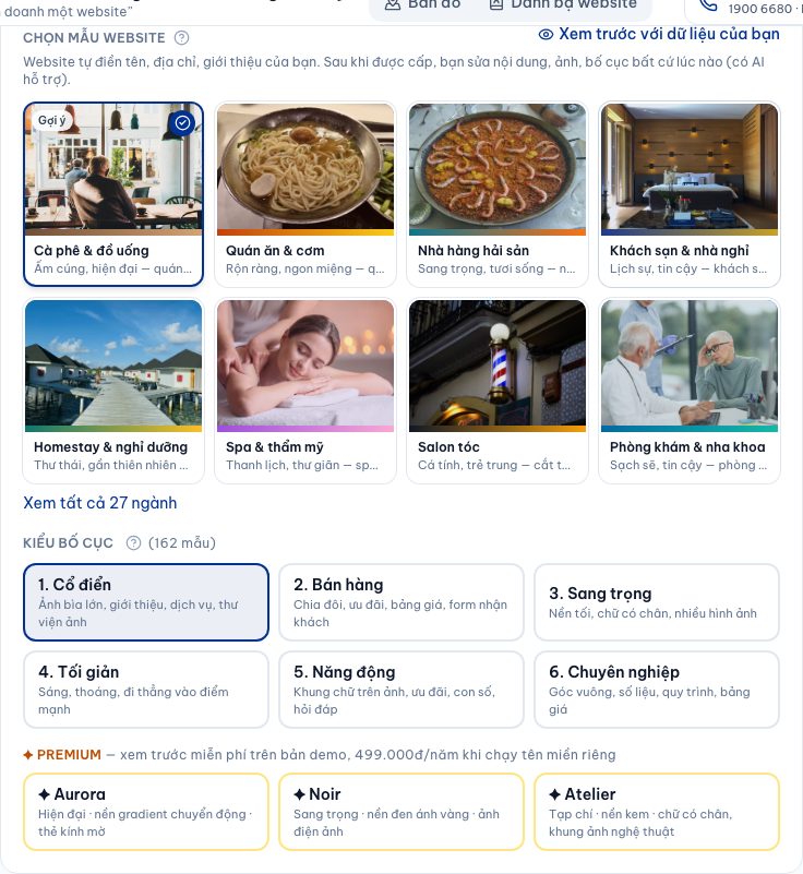 Chọn mẫu website và kiểu bố cục. Bấm “Xem trước với dữ liệu của bạn” để xem thử.