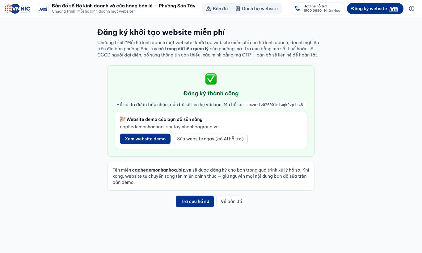 Đăng ký thành công: ghi lại Mã hồ sơ, bấm “Xem website demo” hoặc “Sửa website ngay”.