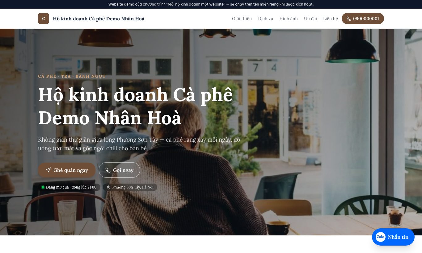 Website demo trên máy tính — đã có tên hộ, địa chỉ, nút Gọi ngay, Zalo.