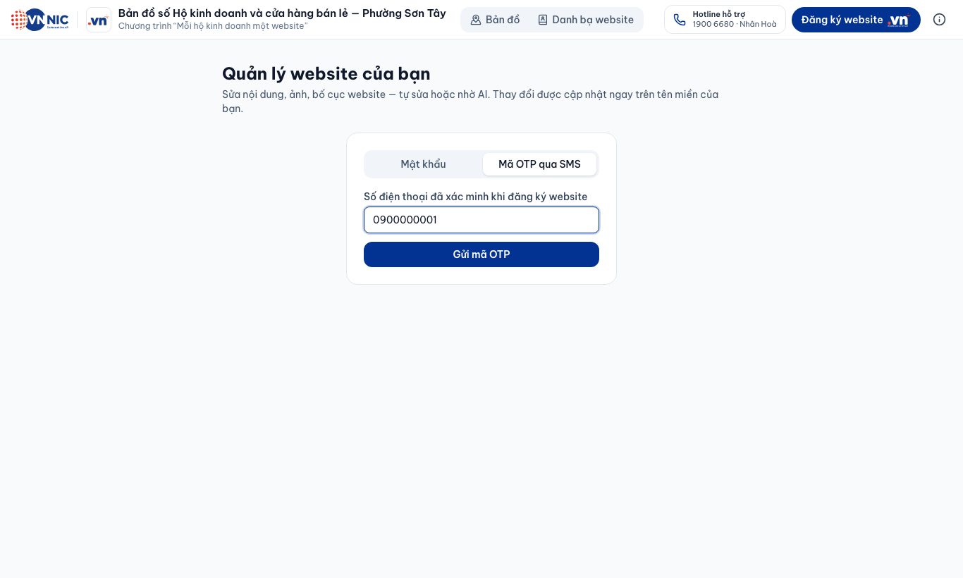 Lần đầu / quên mật khẩu: chọn Mã OTP qua SMS.