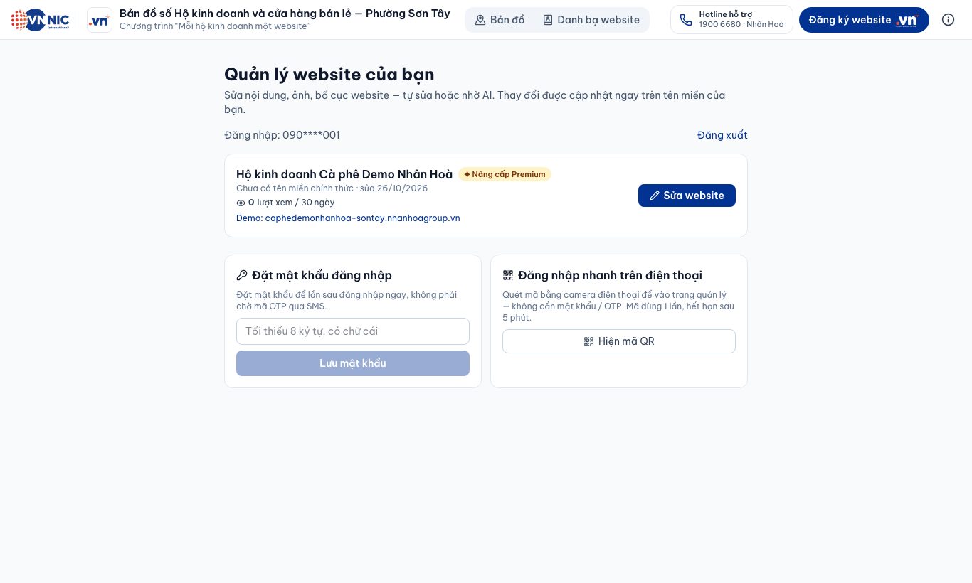 Trang quản lý: lượt xem 30 ngày, khách mới để lại liên hệ, nút Sửa website, đặt mật khẩu, mã QR.