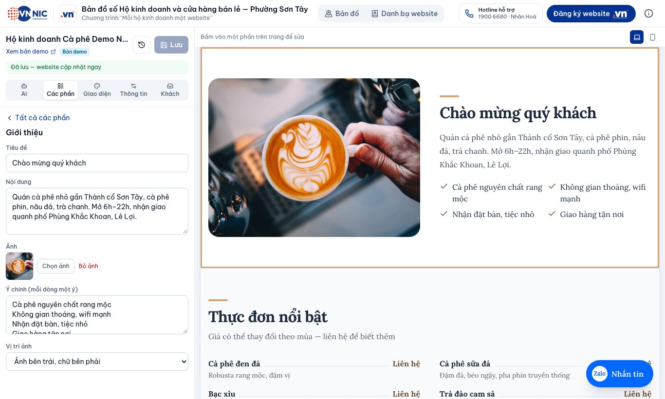 Thông báo “Đã lưu — website cập nhật ngay”.