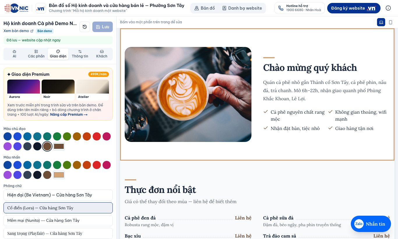 Đổi màu và phông chữ — website bên phải đổi theo ngay.