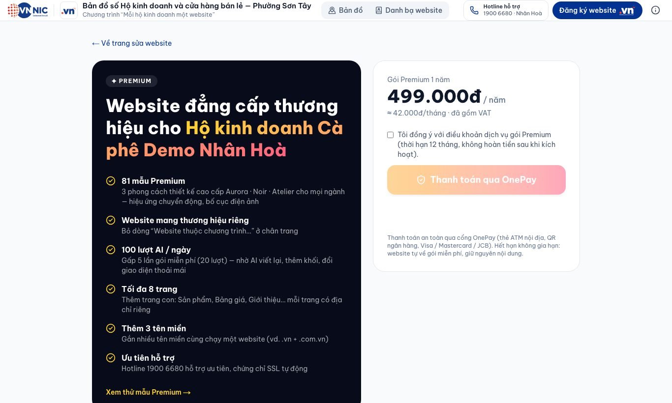 Trang nâng cấp Premium — thanh toán qua cổng OnePay (thẻ ATM, QR ngân hàng, Visa/Mastercard).